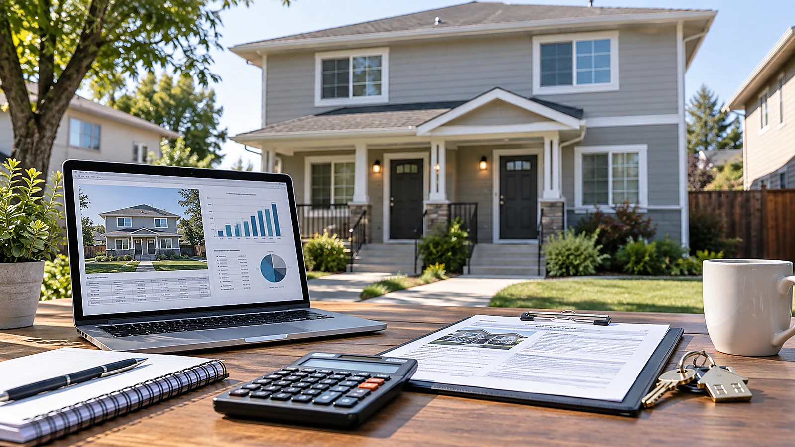 Rental property with a laptop, calculator, property documents, and keys illustrating how to buy a rental property.
