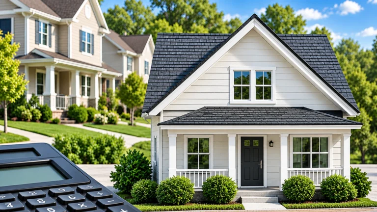 Investment property financing represented by a model home and calculator in a residential setting.
