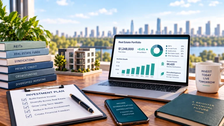 Passive real estate investing workspace with REIT, syndication, crowdfunding, and real estate portfolio planning materials.