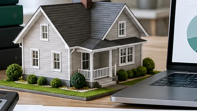 Real estate deal analysis workspace with a model house, calculator, laptop, and investment documents.