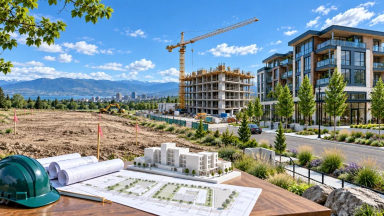 Architectural plans and a scale model beside an active construction site with a crane and completed multifamily buildings illustrating the real estate development process.