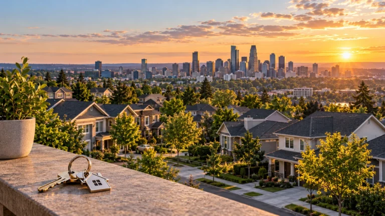 Real estate investing with house keys overlooking residential properties and a city skyline at sunset.
