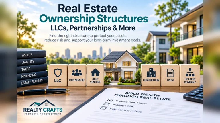 Real estate ownership structures shown with LLC, partnership, joint venture, corporation, trust, and holding company options.