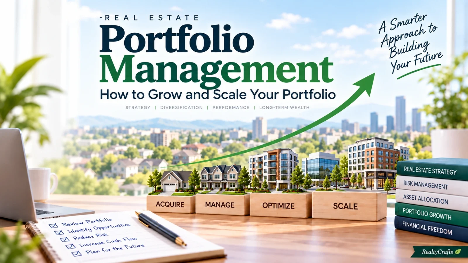 Real estate portfolio management illustration showing residential, multifamily, commercial, and mixed-use properties progressing from acquisition to scaling.