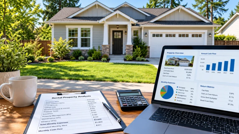 Rental property with a laptop, calculator, and analysis worksheet showing rental property analysis metrics.