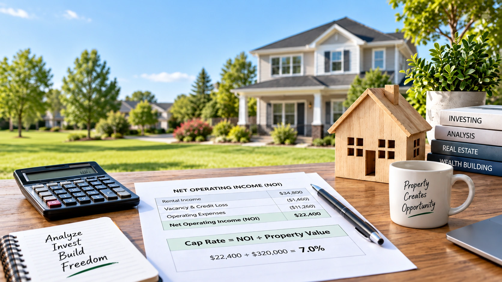 Rental property cap rate analysis with NOI worksheet, calculator, model house, and a 7 percent cap rate calculation.