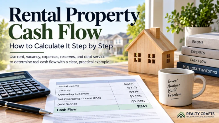Rental property cash flow worksheet with calculator, house model, and financial analysis showing rental income, expenses, debt service, and cash flow.