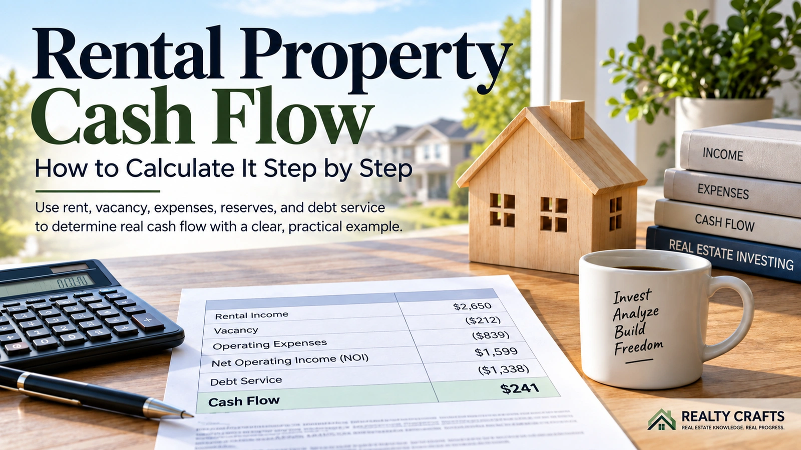 Rental property cash flow worksheet with calculator, house model, and financial analysis showing rental income, expenses, debt service, and cash flow.