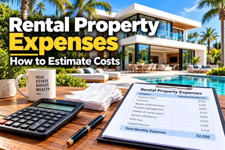 Rental property expenses planning with a modern rental home, calculator, receipts, and expense worksheet