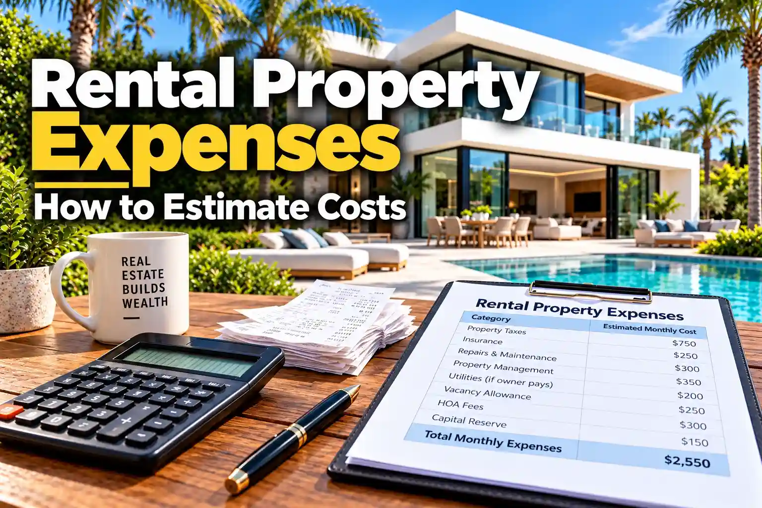 Rental property expenses planning with a modern rental home, calculator, receipts, and expense worksheet