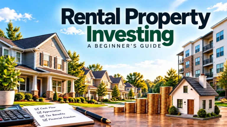 Rental property investing with a model house, rising coin stacks, and residential homes in the background.