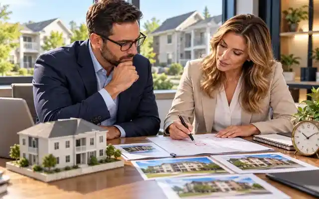 Two real estate professionals reviewing property documents and a deadline calendar to understand 1031 exchange identification rules.