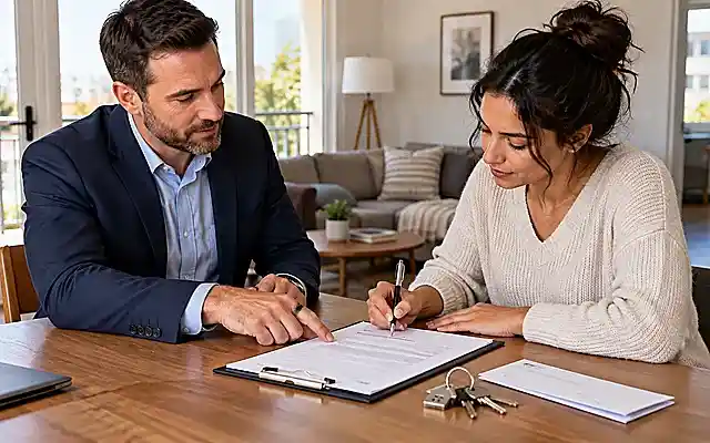 Landlord and tenant reviewing and signing a cash for keys agreement at a table with house keys in a bright residential setting.