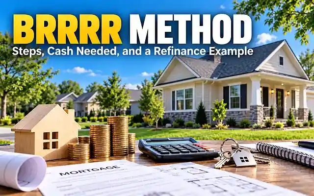 BRRRR method real estate investing example with a rental property, house model, coins, calculator, keys, and mortgage documents