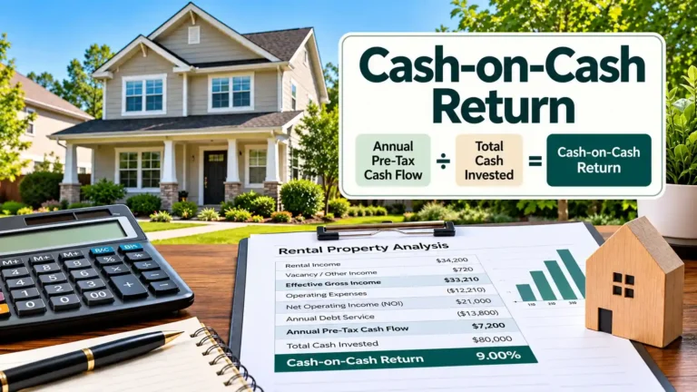 Cash-on-cash return calculation for a rental property showing annual pre-tax cash flow divided by total cash invested.