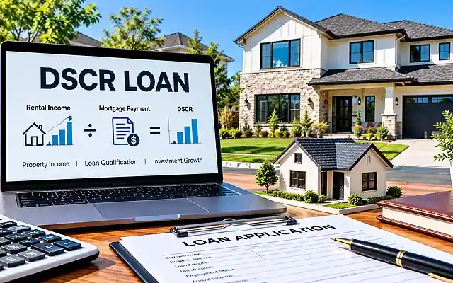 Laptop displaying DSCR loan information beside a model house, calculator and loan application documents in daylight