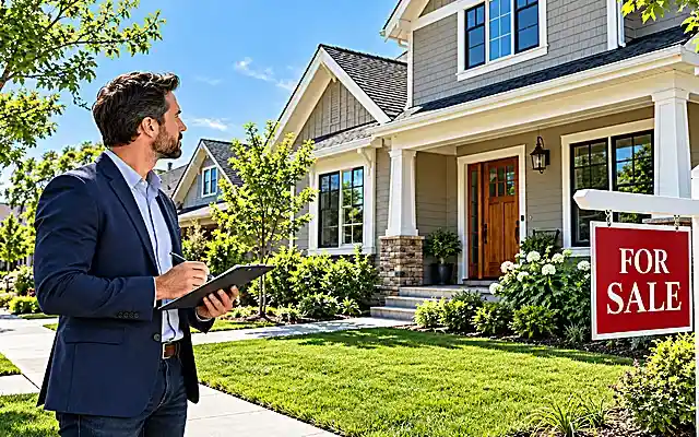 Investor holding a clipboard while evaluating and finding investment properties in a suburban house for sale in bright daylight.