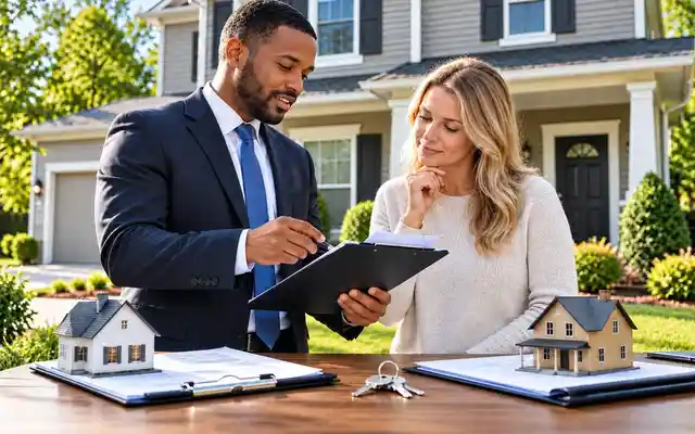 Landlord insurance vs homeowners insurance comparison with an insurance advisor and property owner reviewing coverage documents outside a suburban home.