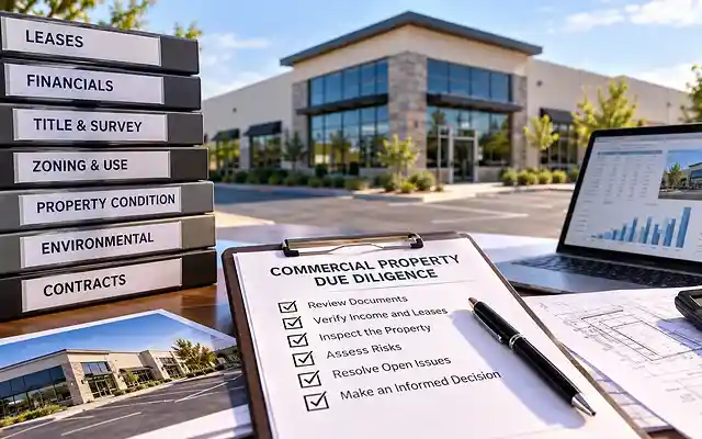 Commercial property due diligence workspace with a checklist, building plans, calculator, and laptop displaying property data