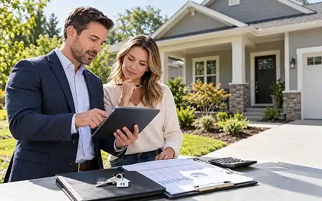 Property manager and rental owner reviewing property management fees and financial documents outside a residential rental home.