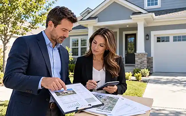 Property tax on investment property review with a rental investor and real estate professional examining tax assessments and financial records outside a residential home.