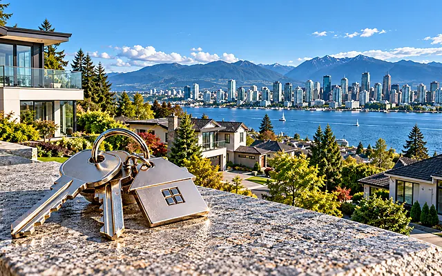 Real estate investing concept featuring house keys overlooking residential properties and a waterfront city skyline in bright daylight.