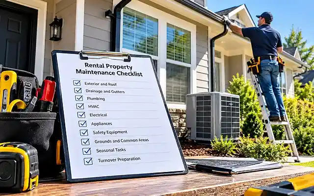 Rental property maintenance checklist with a technician inspecting gutters and exterior systems
